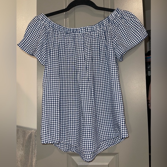 Mossimo Blue and White Off the Shoulder Checkered Top | Women’s Size XS - Picture 3 of 7